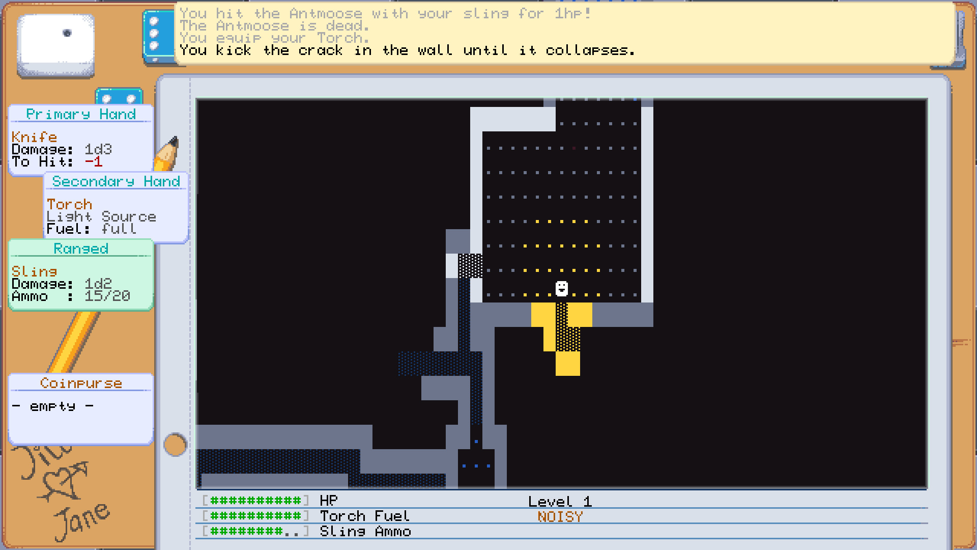 A screen shot showing the player in a dungeon, breaking down a crack in the wall to enter a secret space